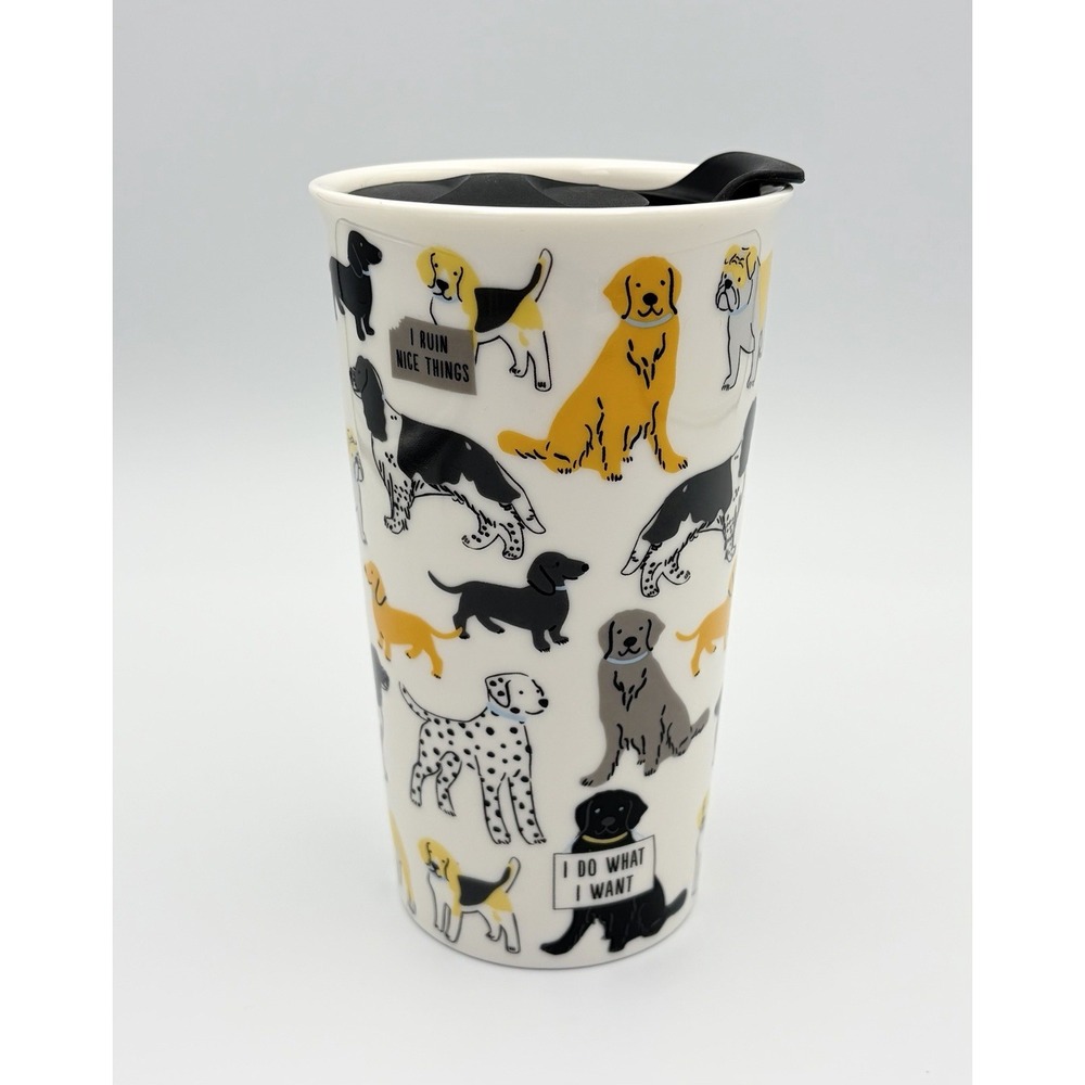 Hallmark What the Dog Says Ceramic Travel Mug Cup 17.8 oz Lid I Ruin Nice Things